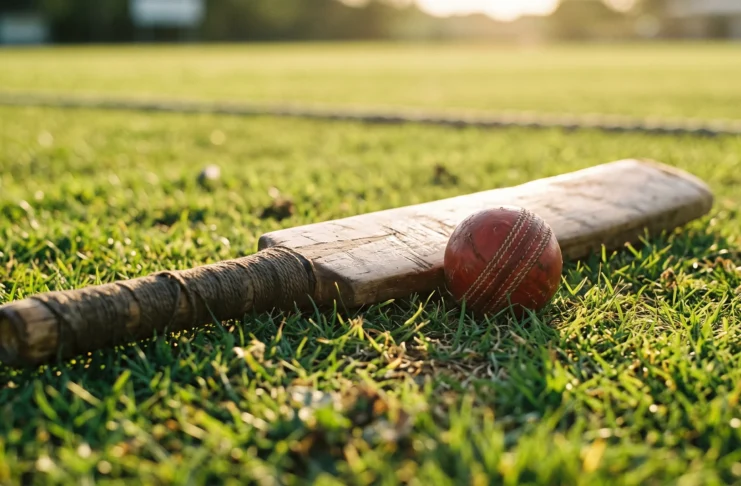 A cricket bat and ball on a grass field under bright sunlight.