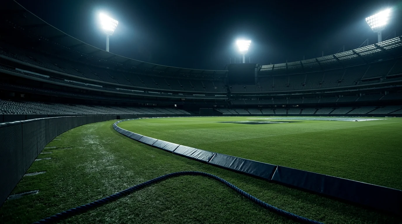 A cricket stadium at night under floodlights.