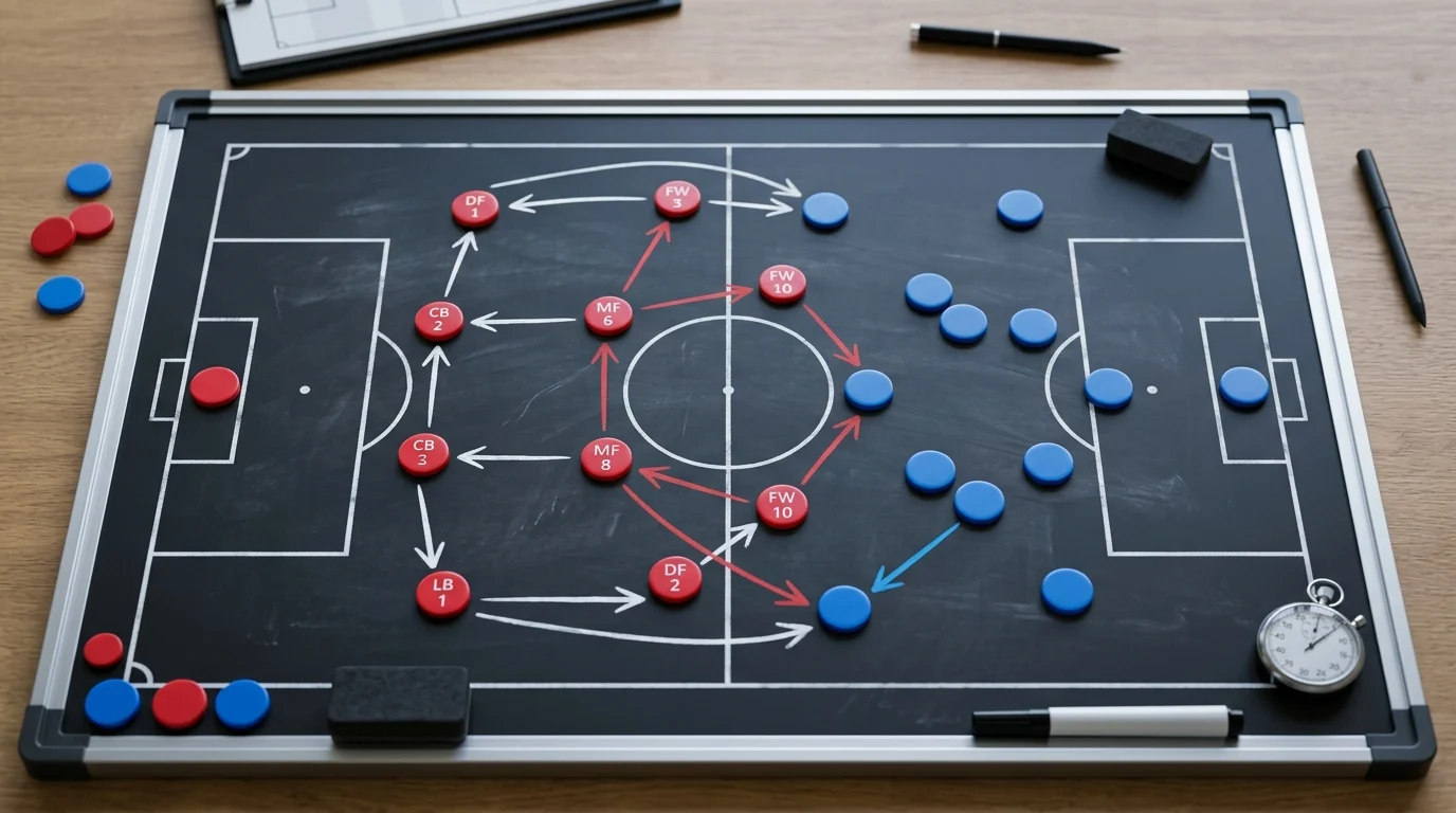 Tactical football board with defensive strategy markers.
