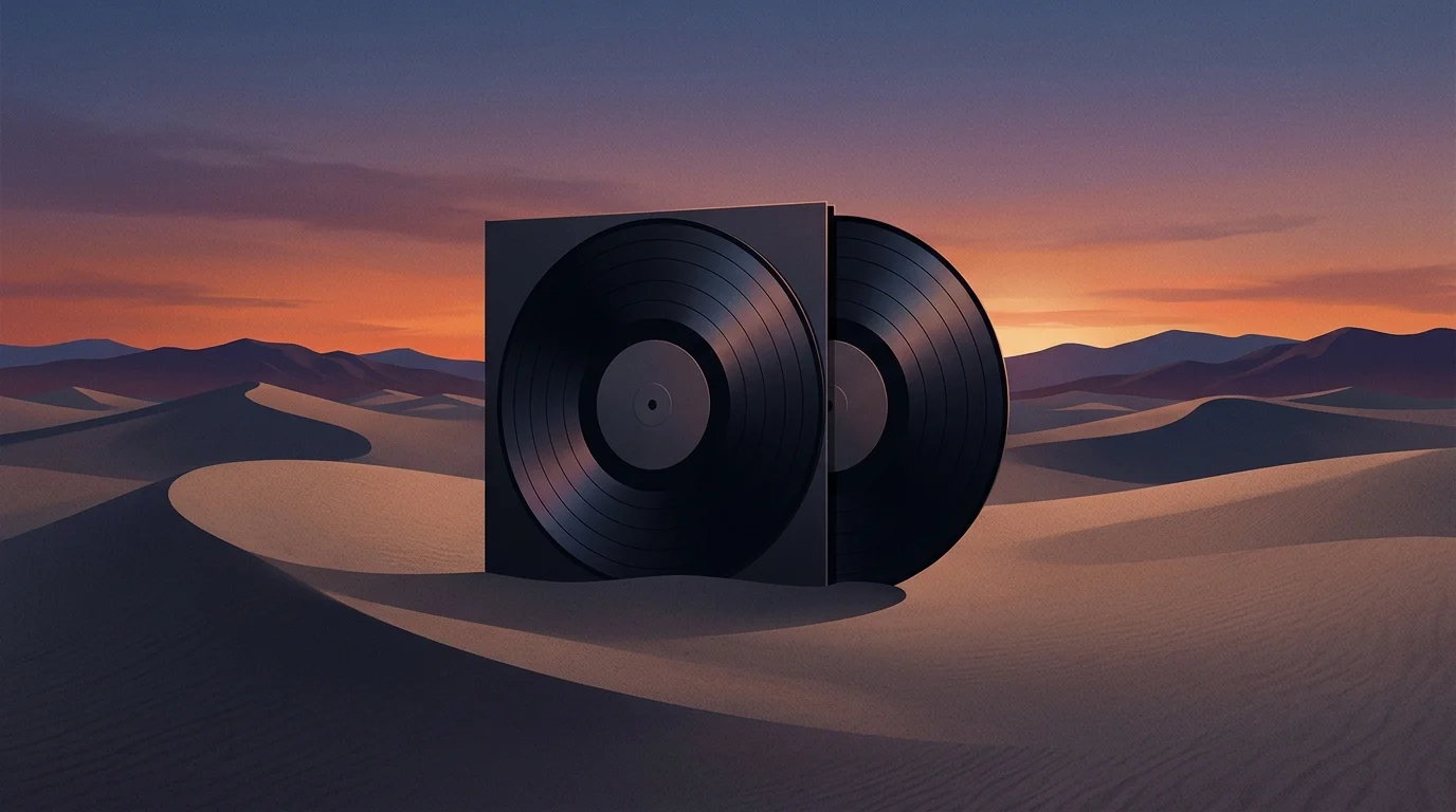 Minimalist double vinyl record standing in a desert landscape at twilight.