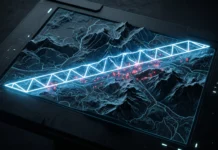 A digital topographical map with a scanning light overlay representing military targeting systems.