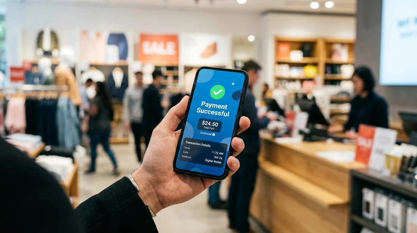 A smartphone showing a successful digital wallet transaction.