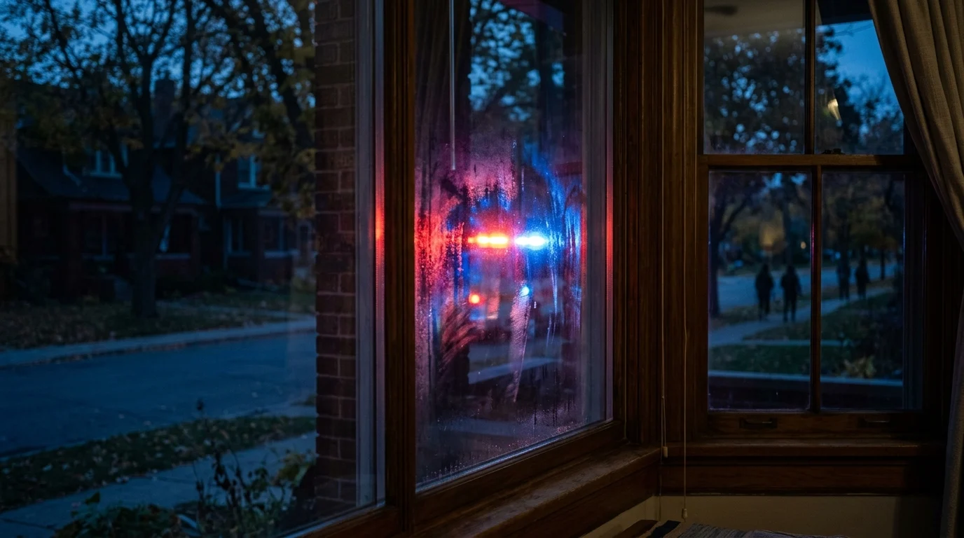 Conceptual emergency lights reflecting on a window.