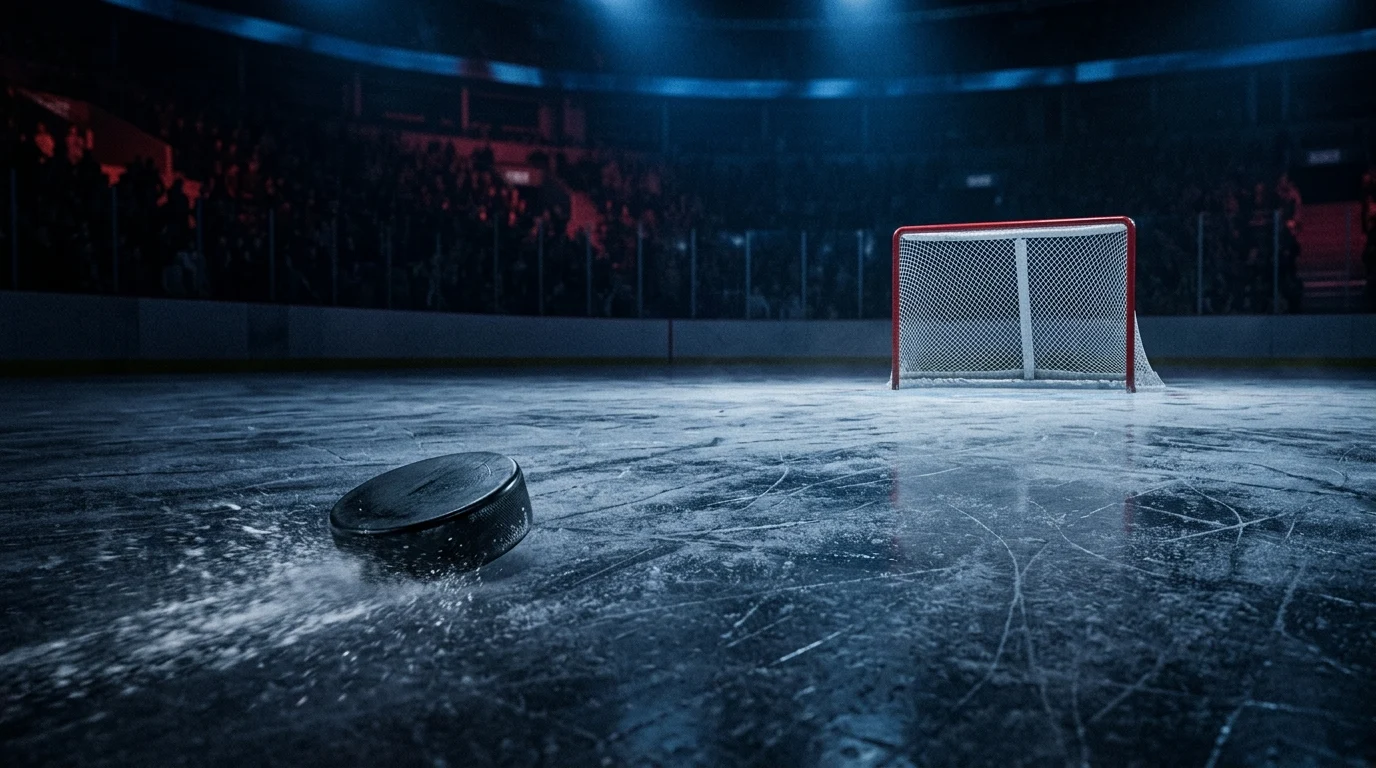 A hockey puck sliding toward an empty net on clear ice.
