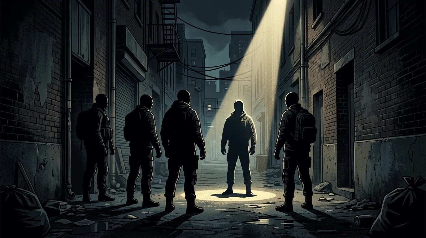Silhouettes of a group in a dark alley with one person spotlighted.