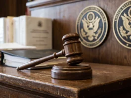 A gavel and legal documents in a federal courtroom setting.