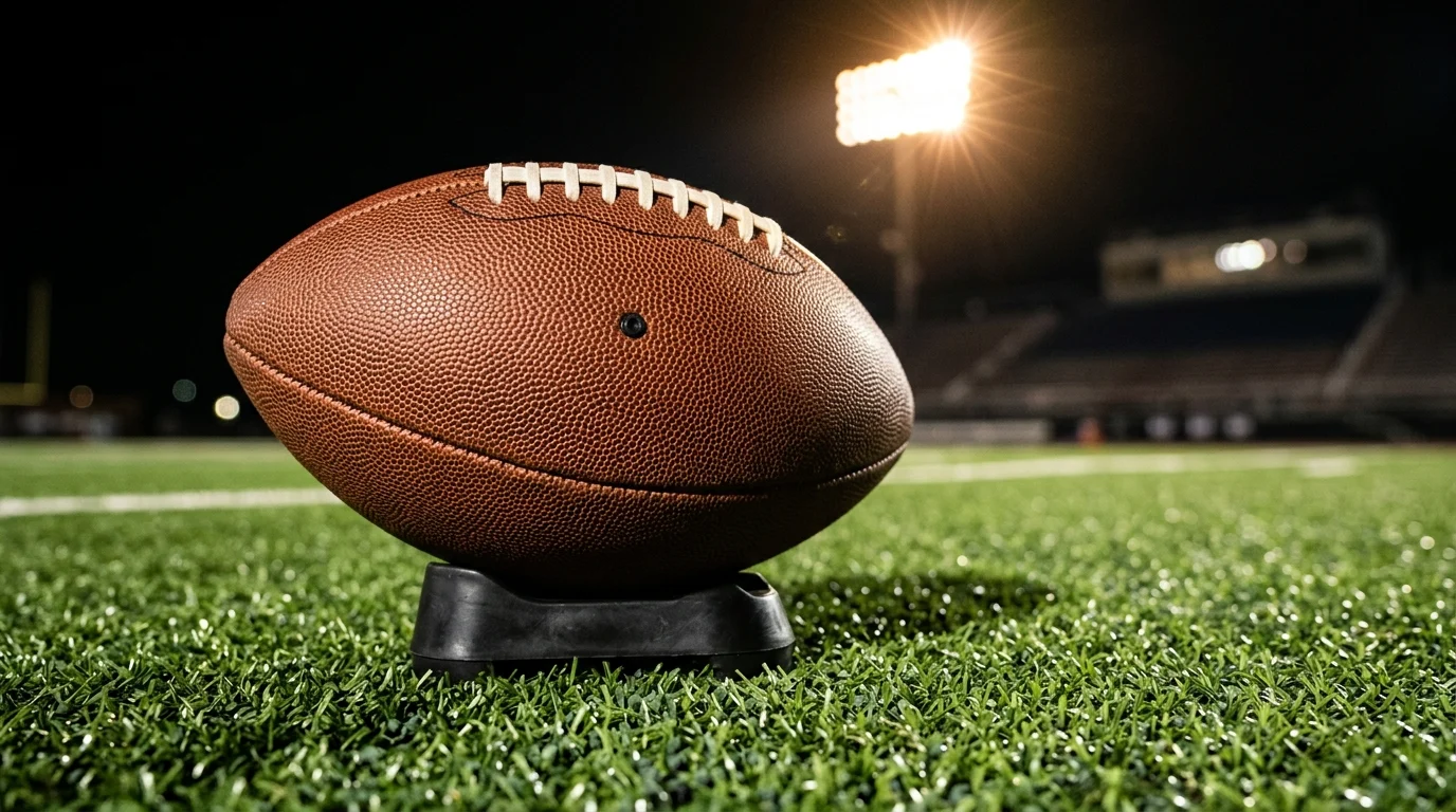 Close-up of a football on a kicking tee.