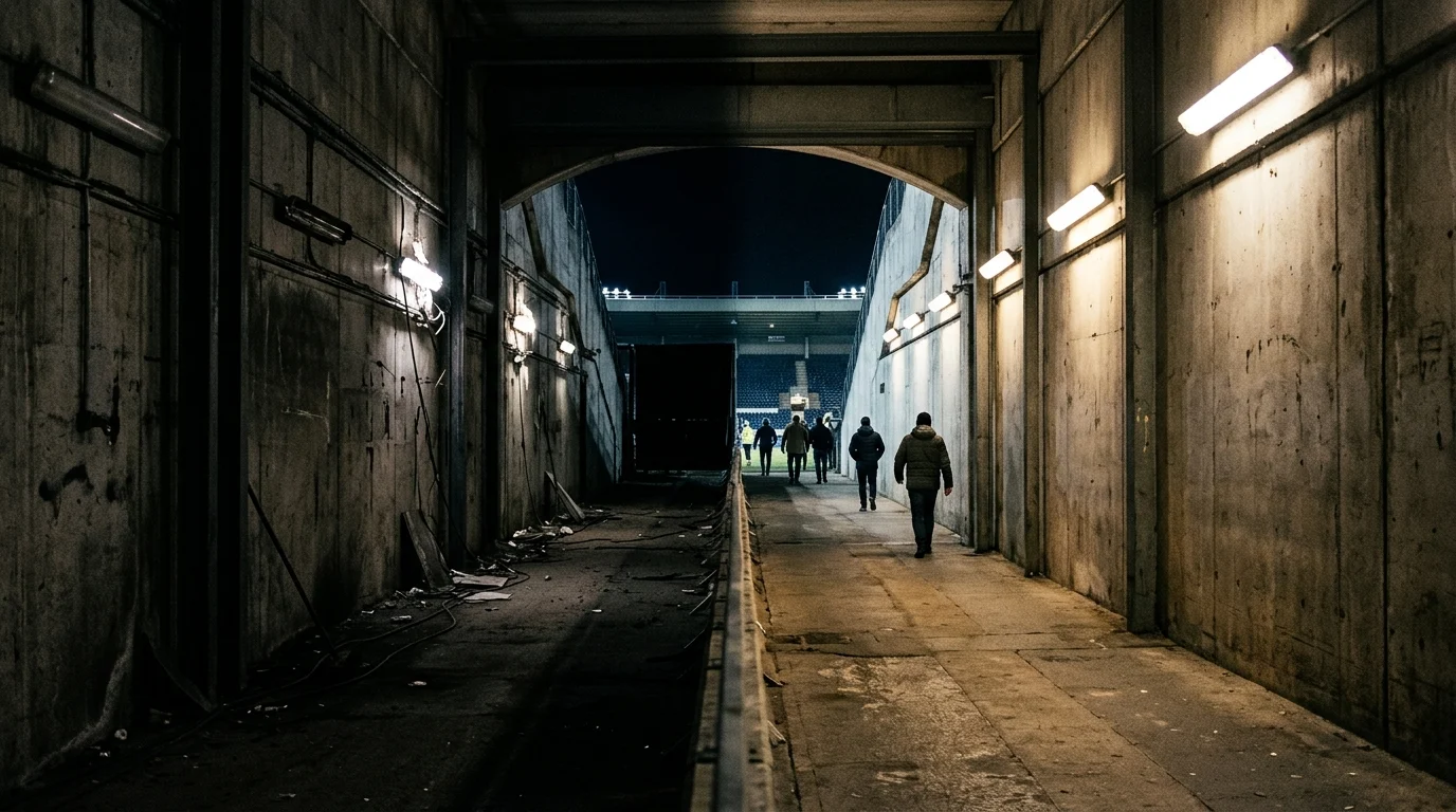 A dark stadium tunnel representing a fractured dressing room atmosphere.