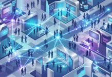 Conceptual illustration of a tech networking event in .