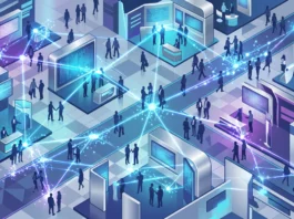 Conceptual illustration of a tech networking event in .