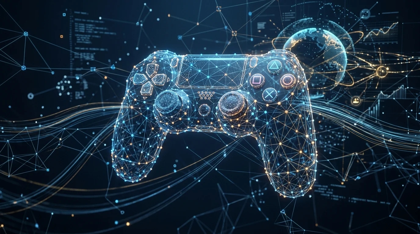A digital representation of game development and business connectivity.