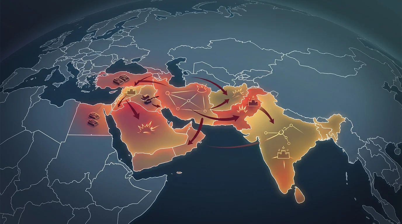 Conceptual map showing global geopolitical flashpoints in the Middle East and South Asia.