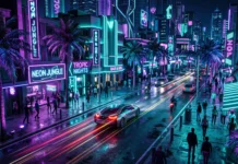 GTA 6 PEGI Rating Leak Details Graphic Dismemberment and Drug Use Conceptual night city scene with neon lights and palm trees.