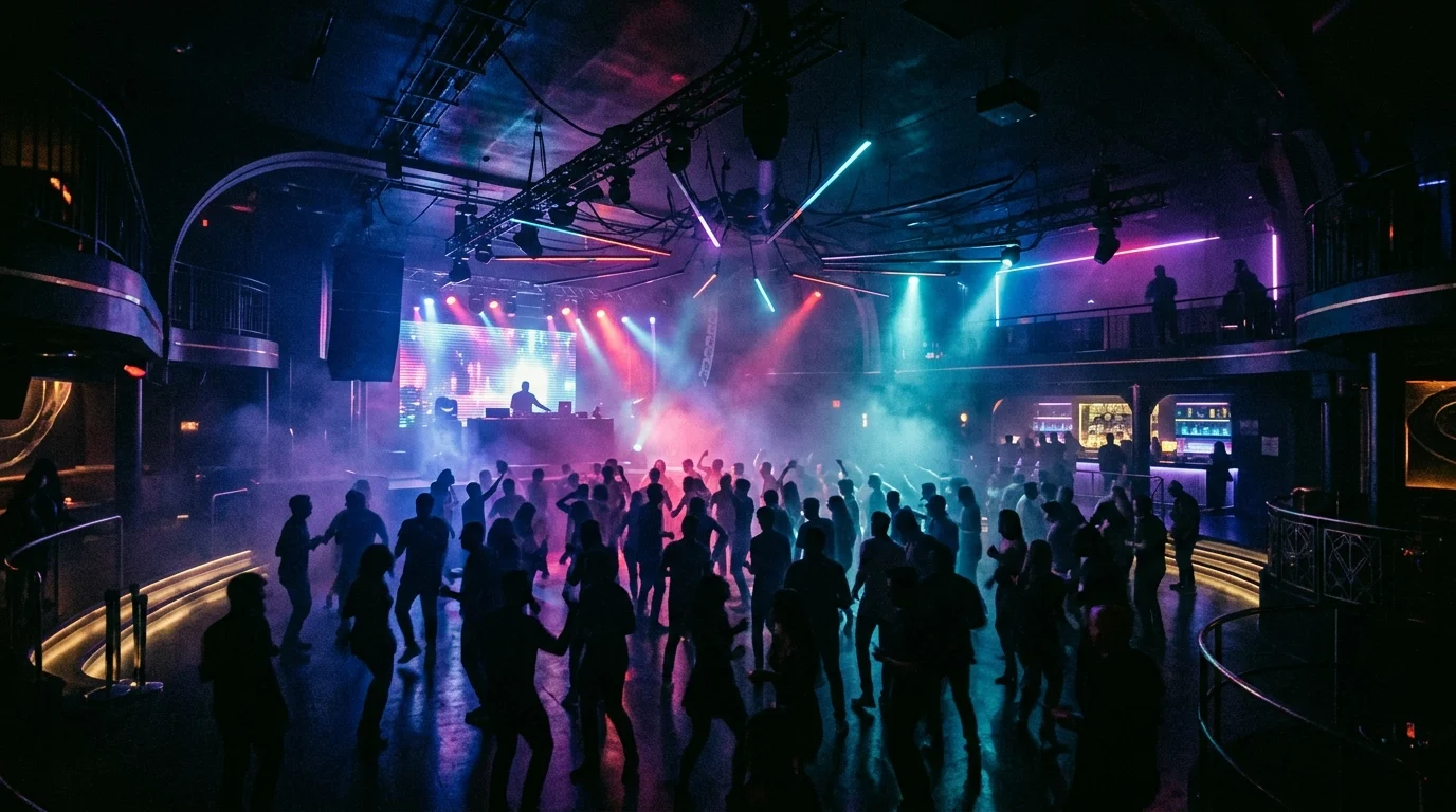 Conceptual nightclub interior with neon lighting and silhouettes.
