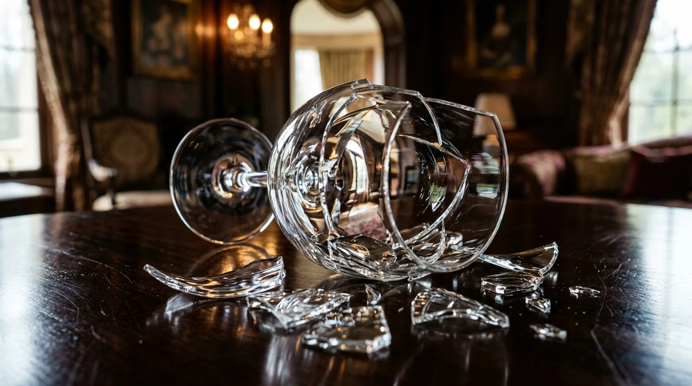 A broken glass on a mahogany table reflecting a room.