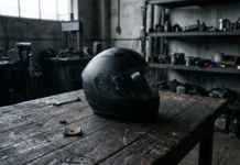 A black motorcycle helmet resting on a wooden desk in a dark room.