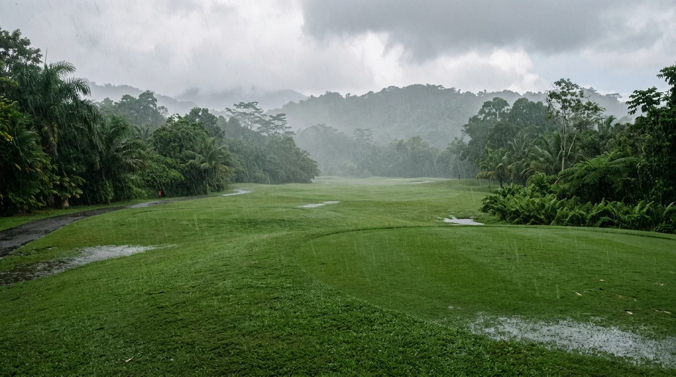 Rainy golf course fairway at .
