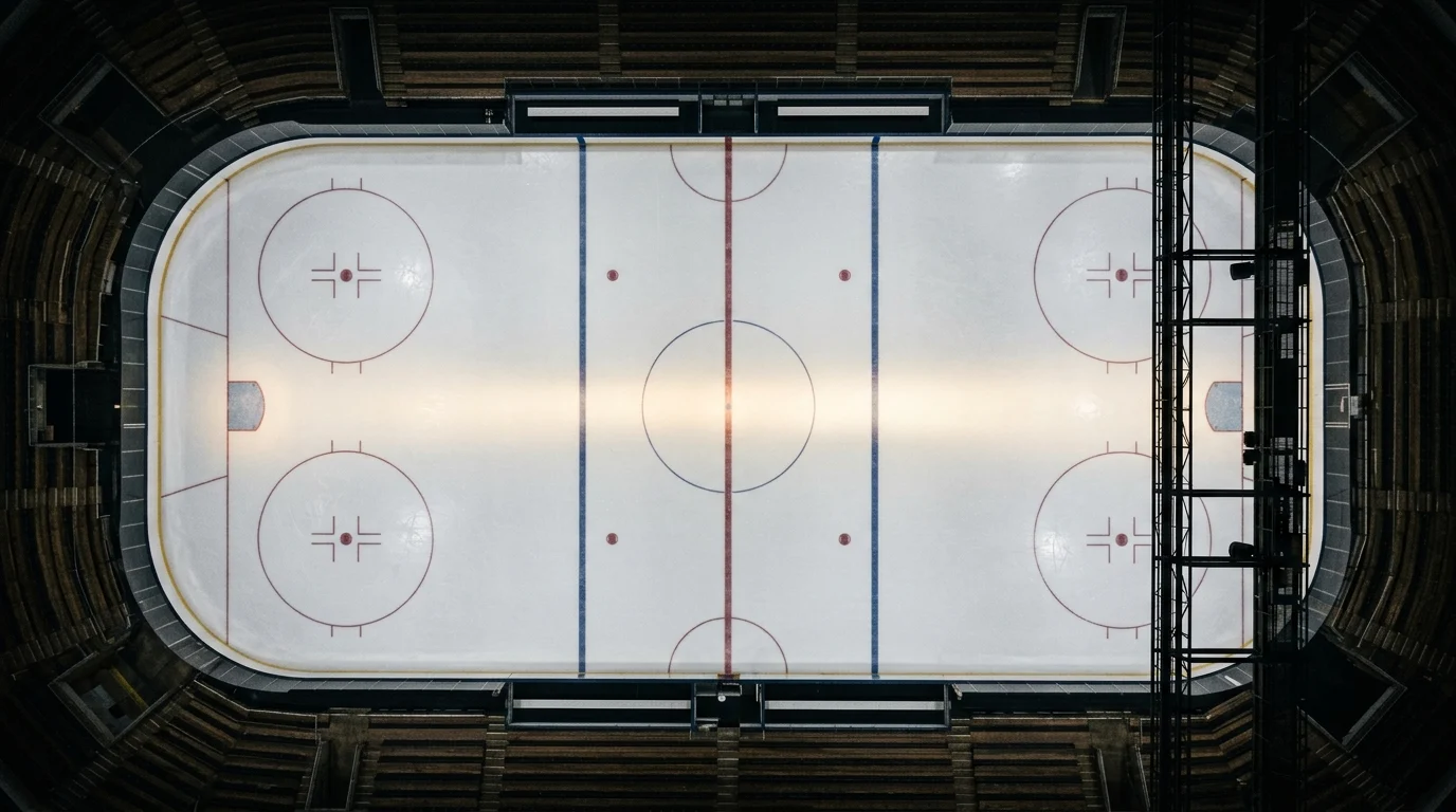 Overhead view of a full-size hockey rink showing the distance between nets.
