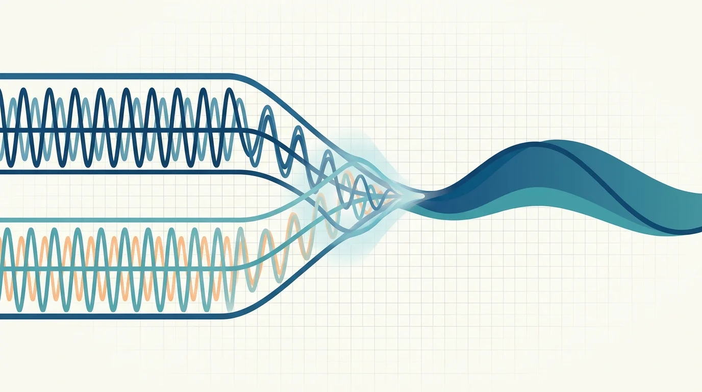 Diagram showing how two electrical frequencies create a third interference pattern.