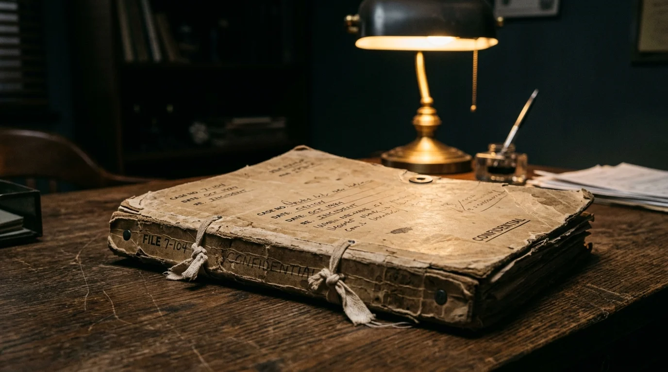 A close-up of a police investigation file folder in a dark room.