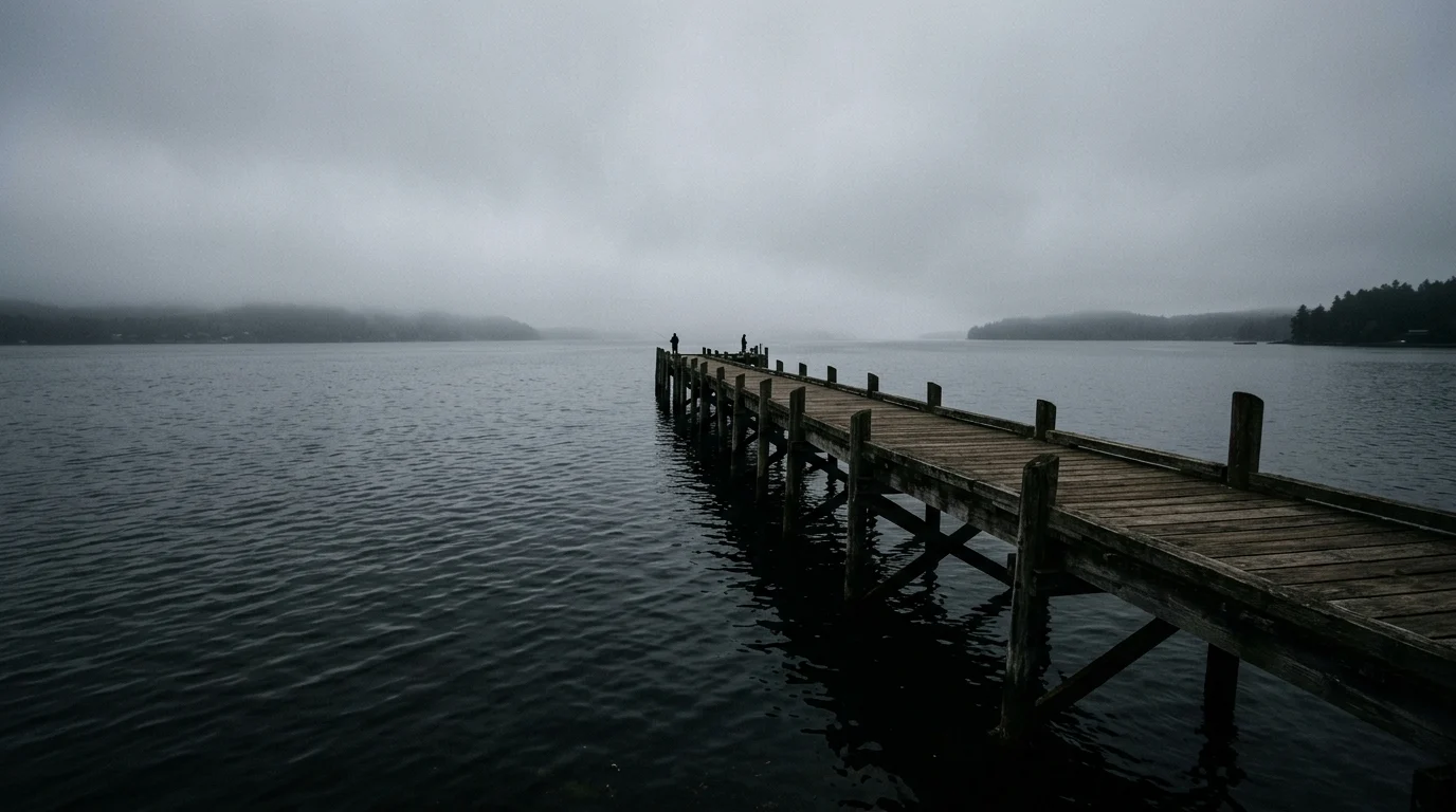 A lonely wooden pier reaching into dark, foggy water.