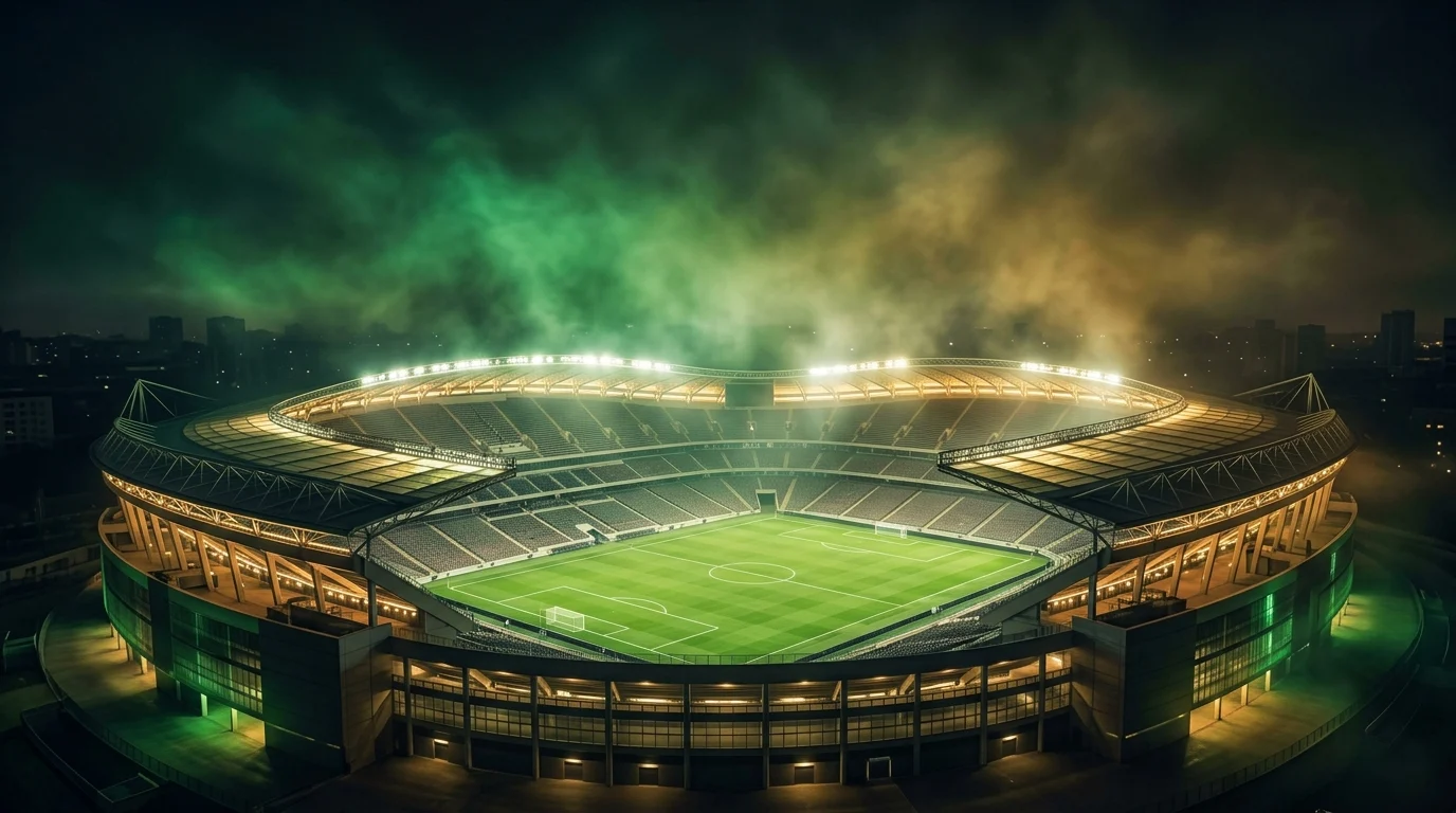 An illuminated stadium at night with green and gold lighting.