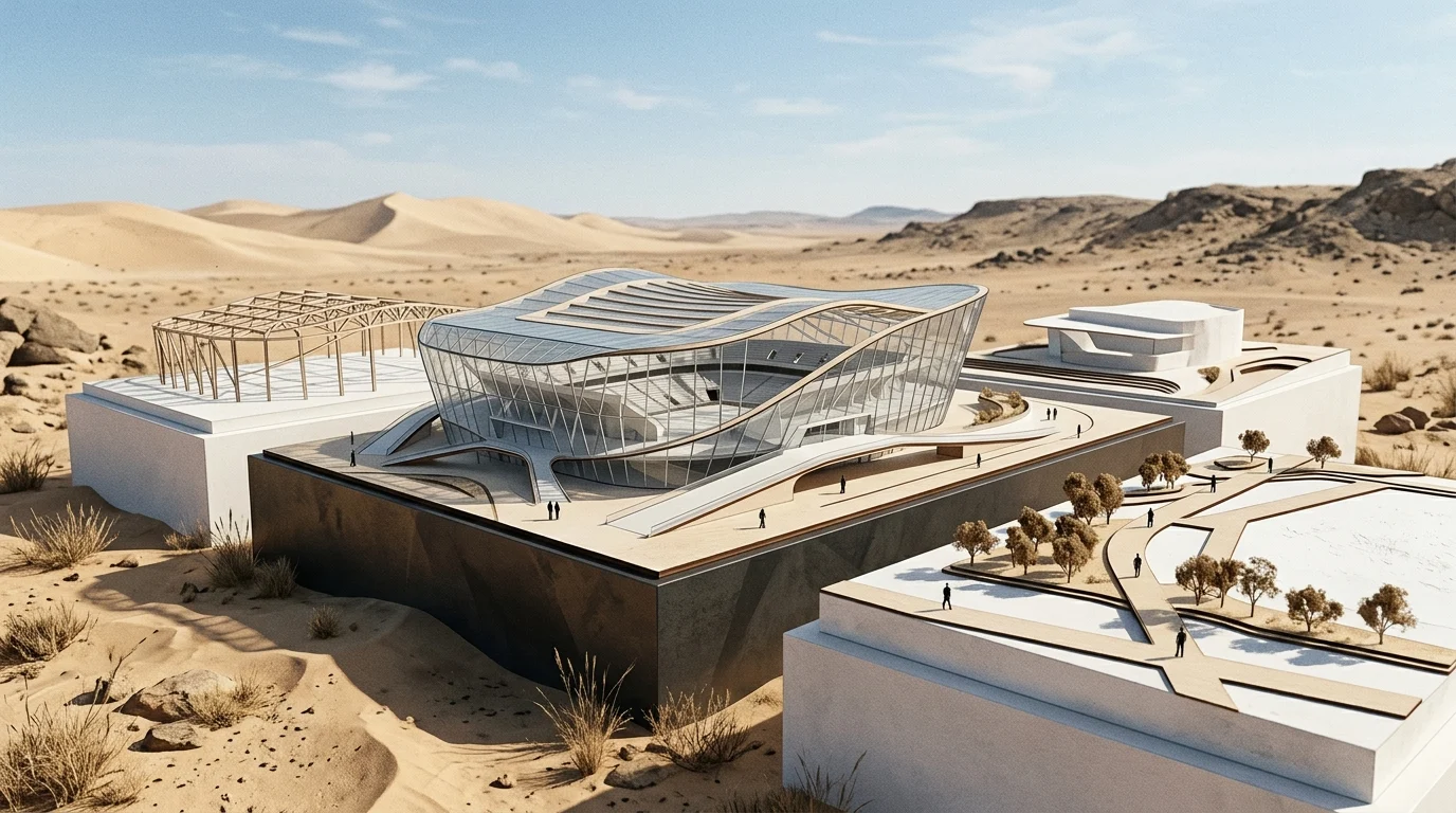 Architectural model of a modern desert-based sports arena.