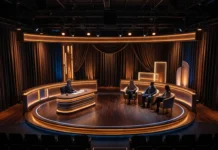 A conceptual late-night television talk show stage set.
