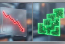 Nike Shares Tumble on Revenue Miss as onsemi Revises Synaptics Deal to All-Cash A conceptual split-screen graphic representing a market decline in retail and growth in technology manufacturing.