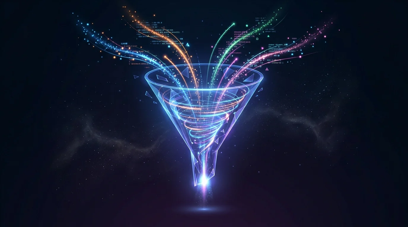 Abstract visualization of a marketing funnel using digital data streams.