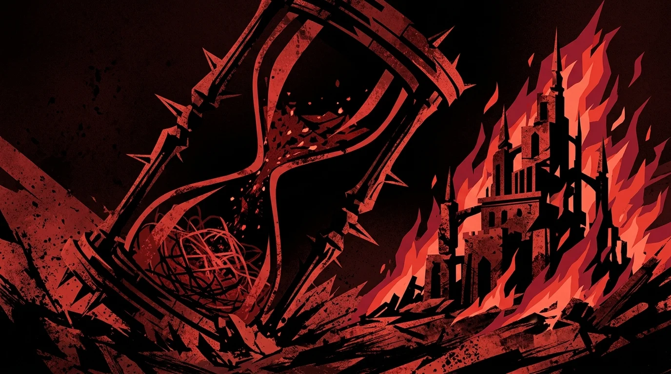 Abstract digital art of a sand timer and flames in a metal music style.