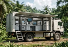 A mobile diagnostic laboratory vehicle parked in a rural area of the Democratic Republic of Congo.