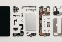 A conceptual exploded view of a smartphone showing internal modular components.
