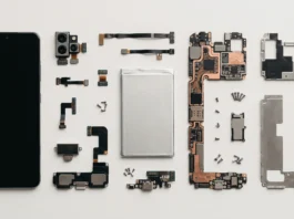 A conceptual exploded view of a smartphone showing internal modular components.