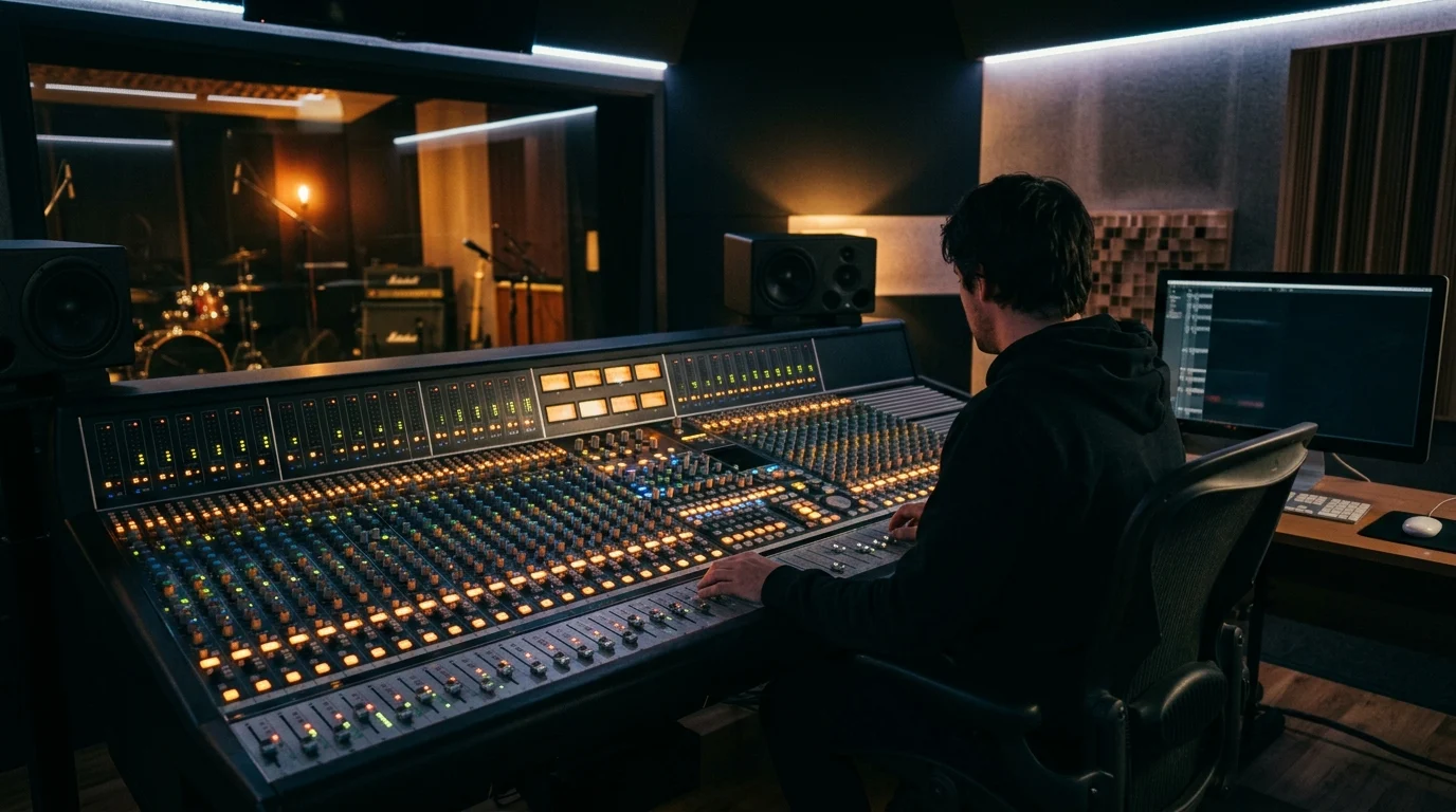 Close-up of a modern music studio mixing board with glowing lights.