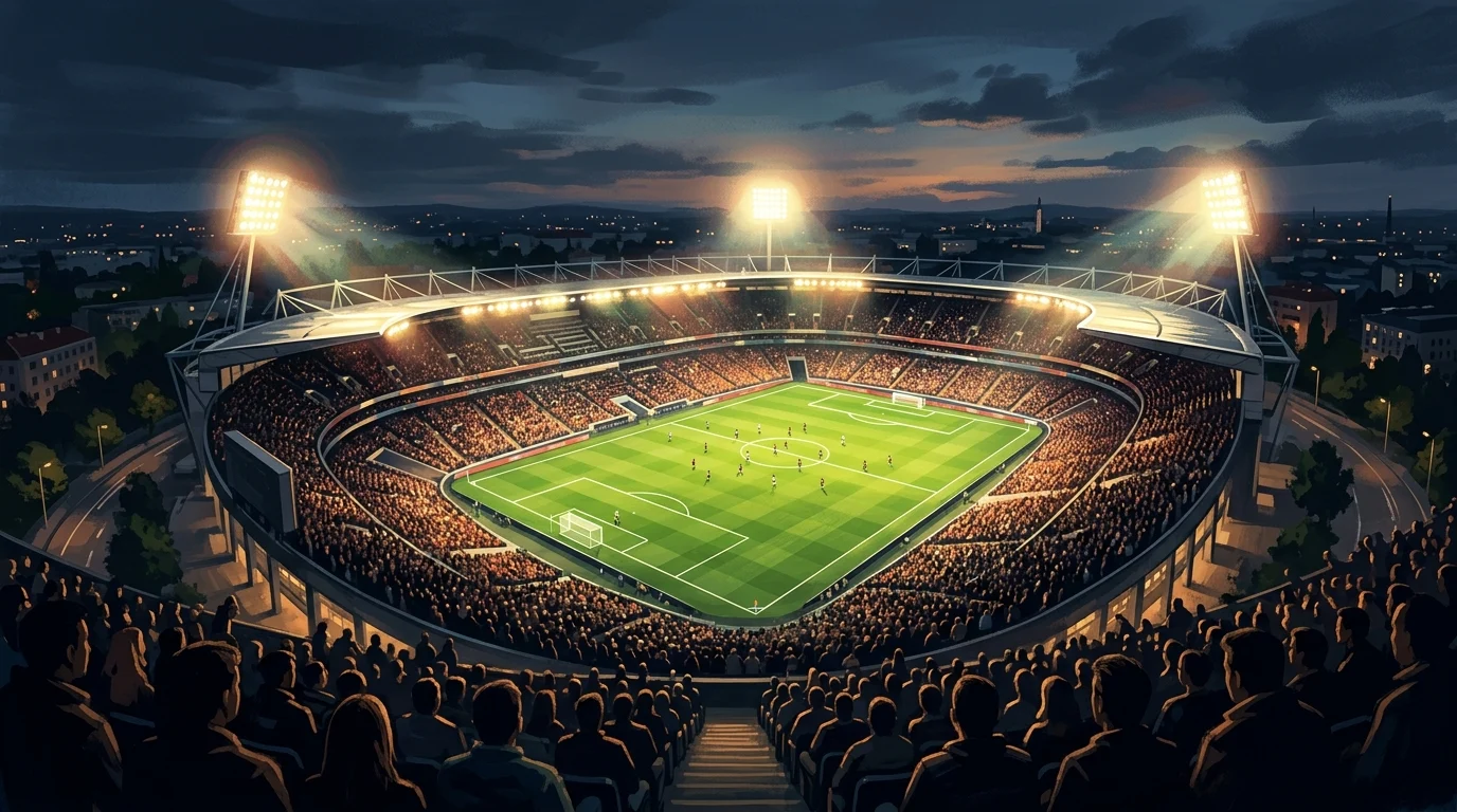 A wide view of a football stadium at night under bright floodlights.
