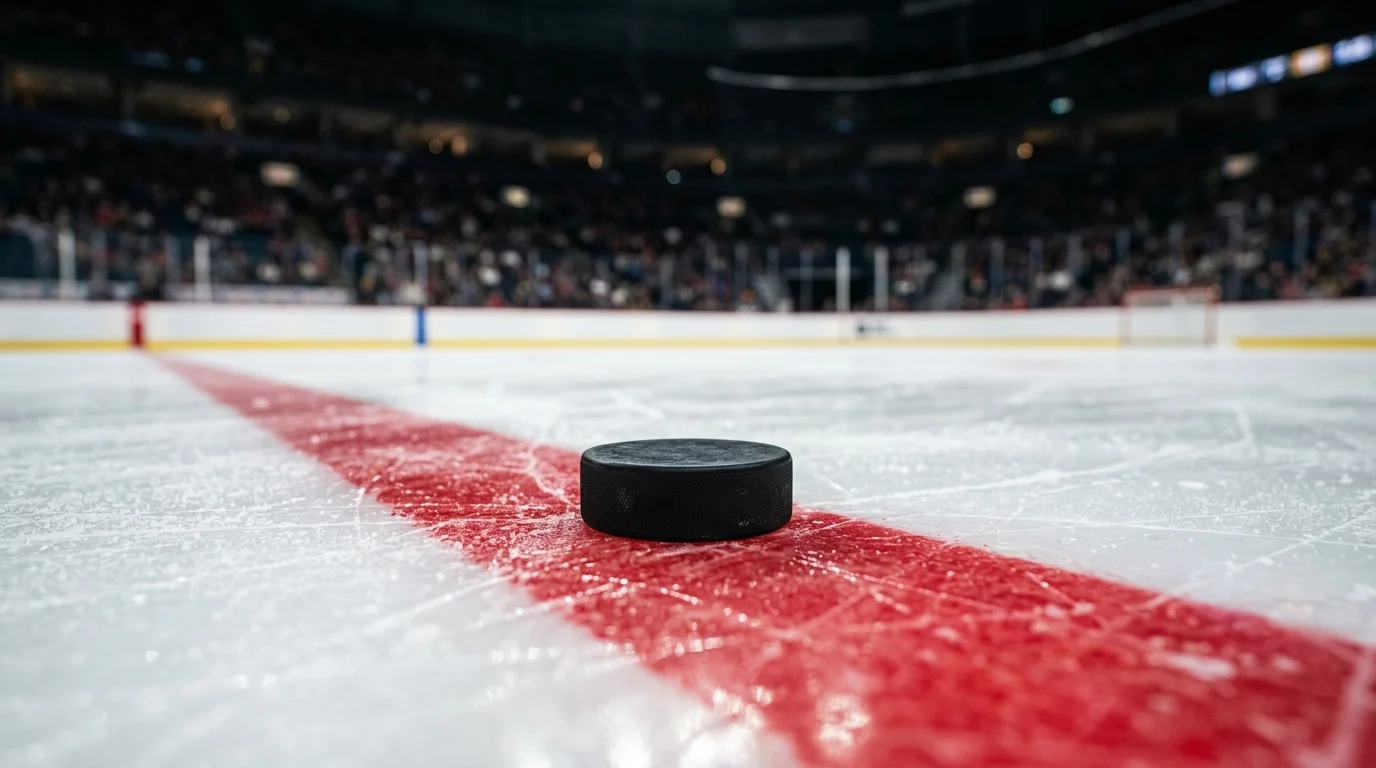 A professional hockey puck on fresh ice.