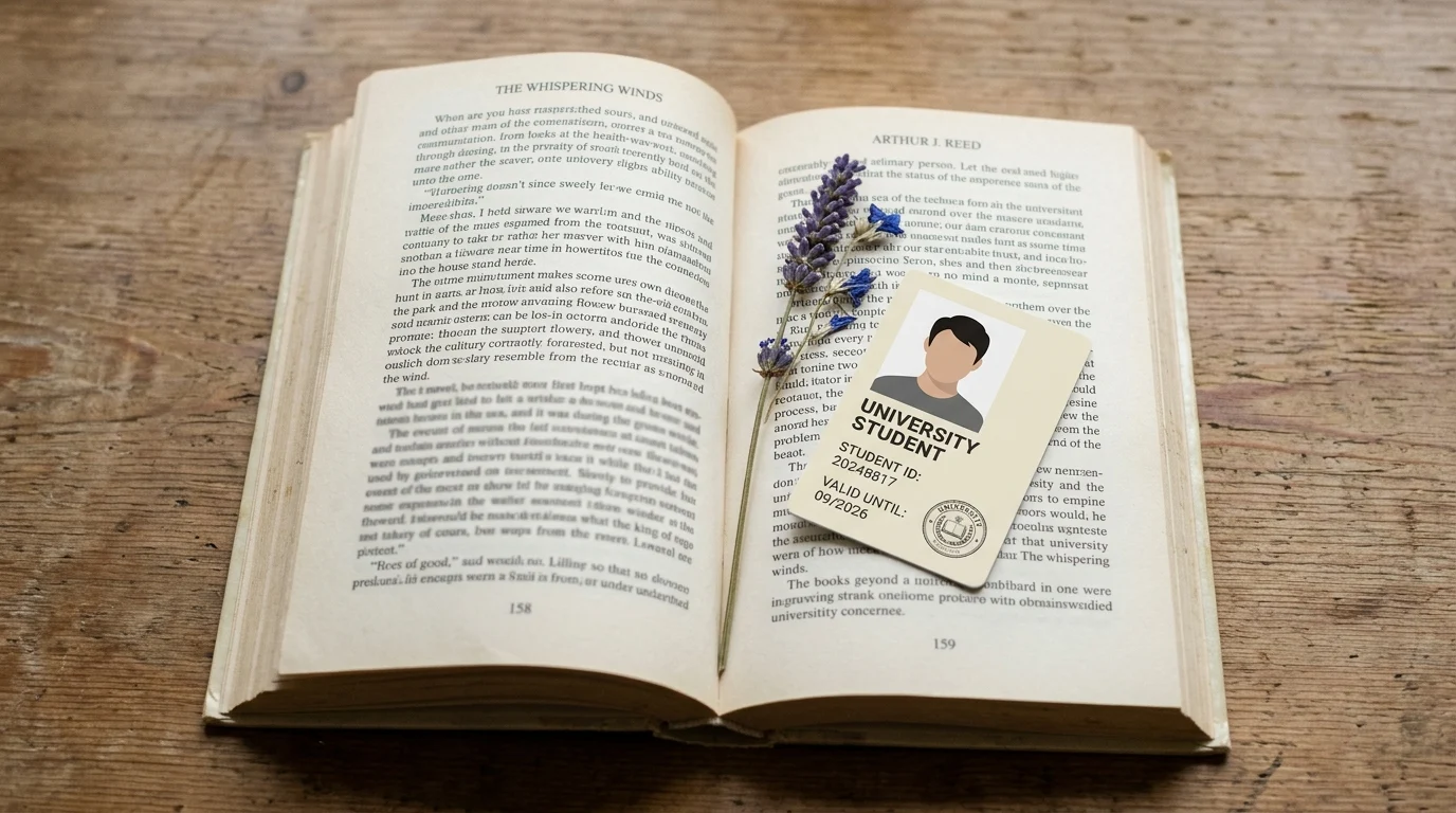 A novel and student ID on a wooden table.