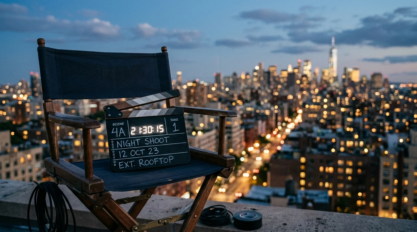 A production clapperboard on a film set chair.