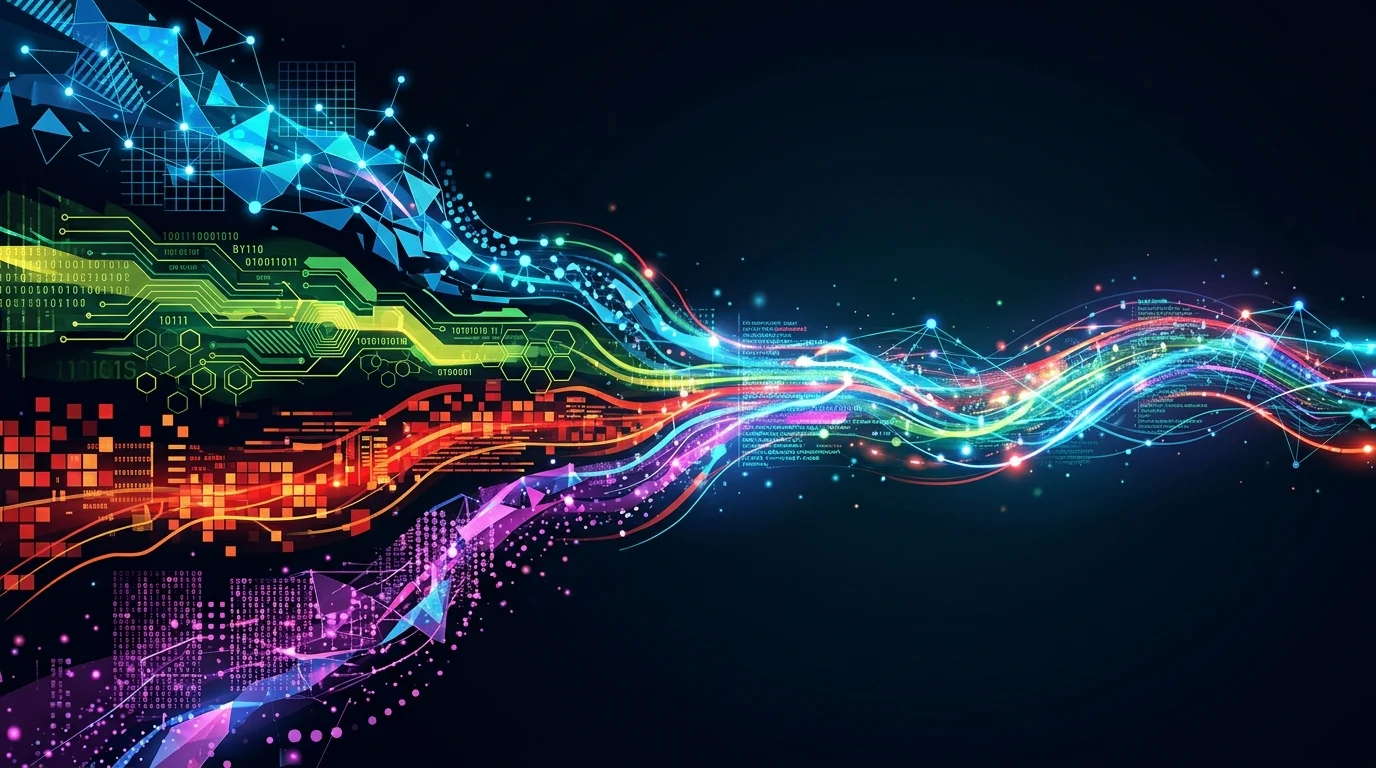 Abstract visualization of data streams merging into a single network.
