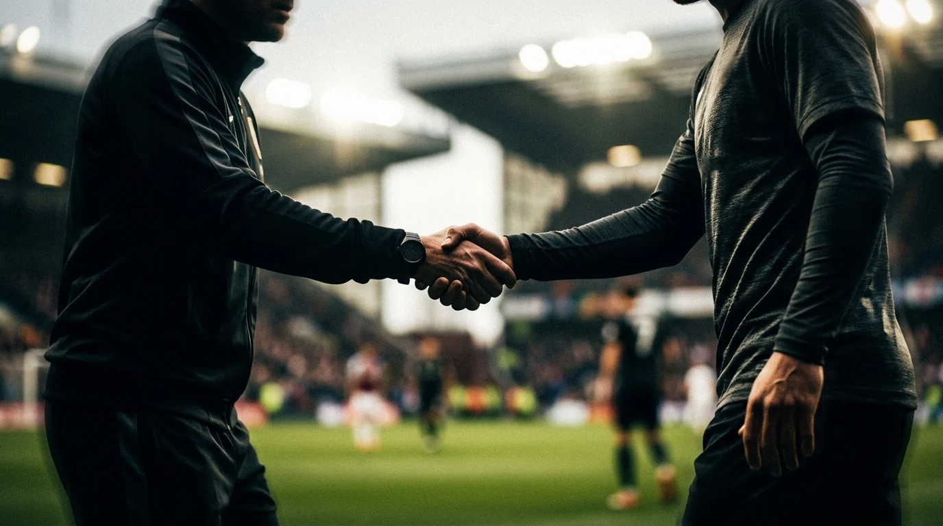 Abstract representation of two people in a tense interaction on a football field.
