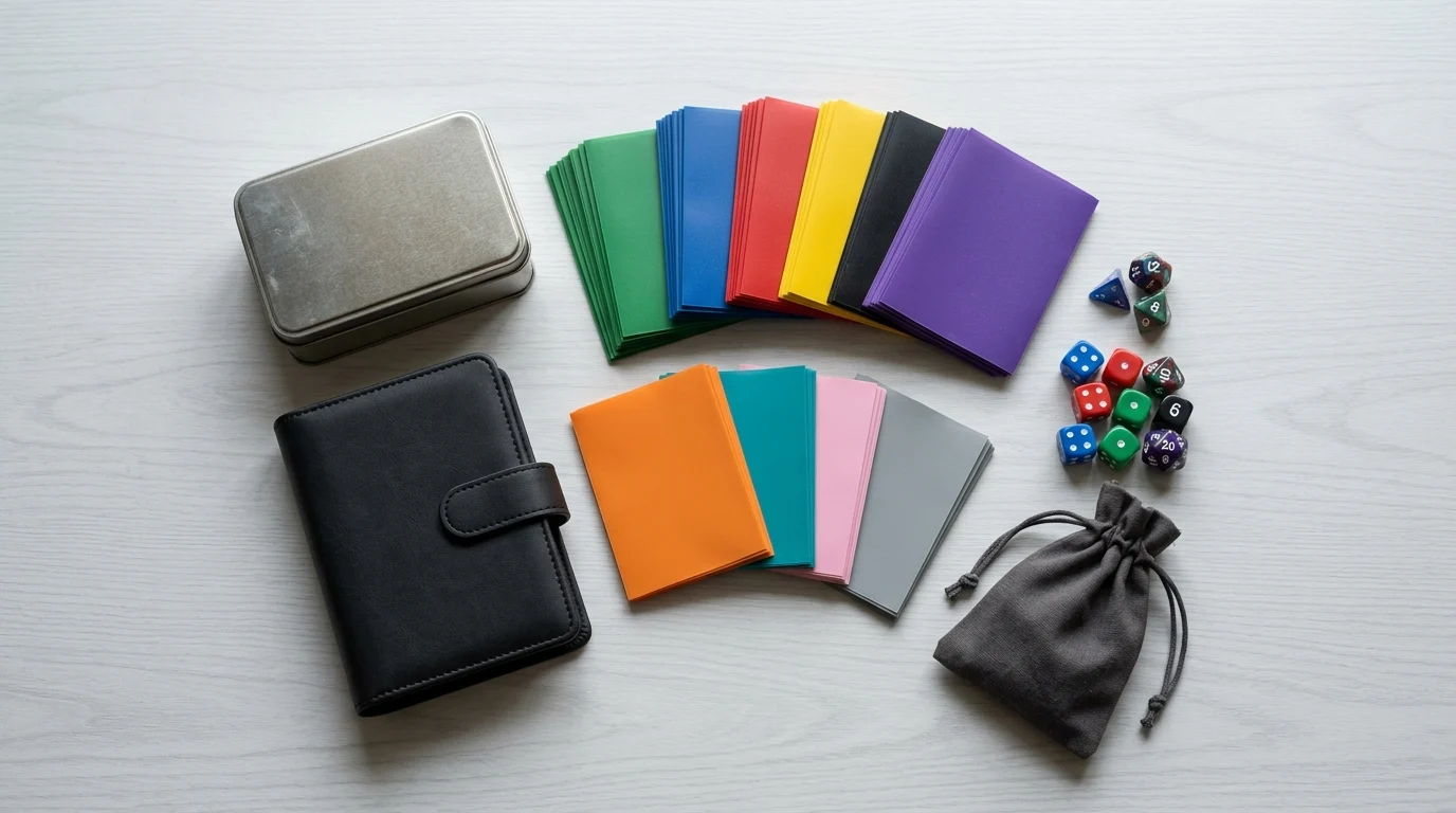 An assortment of trading card game storage tins and mini portfolios.