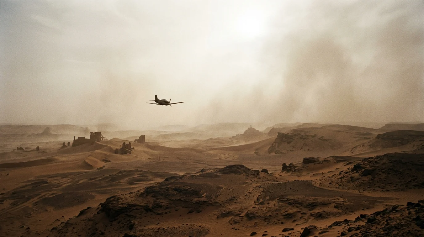 Conceptual post-apocalyptic landscape with a small plane representing themes from .