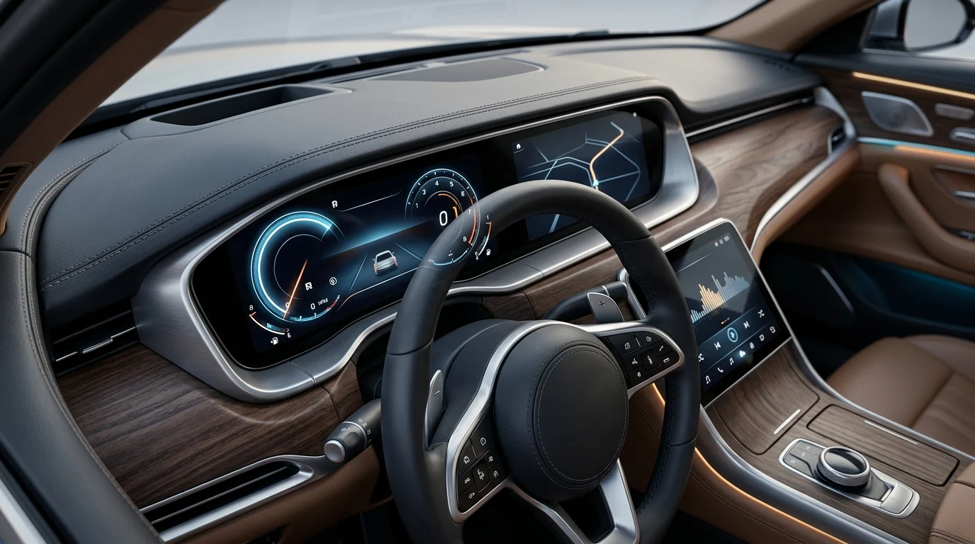 Abstract view of a luxury car interior and dashboard with glowing displays.
