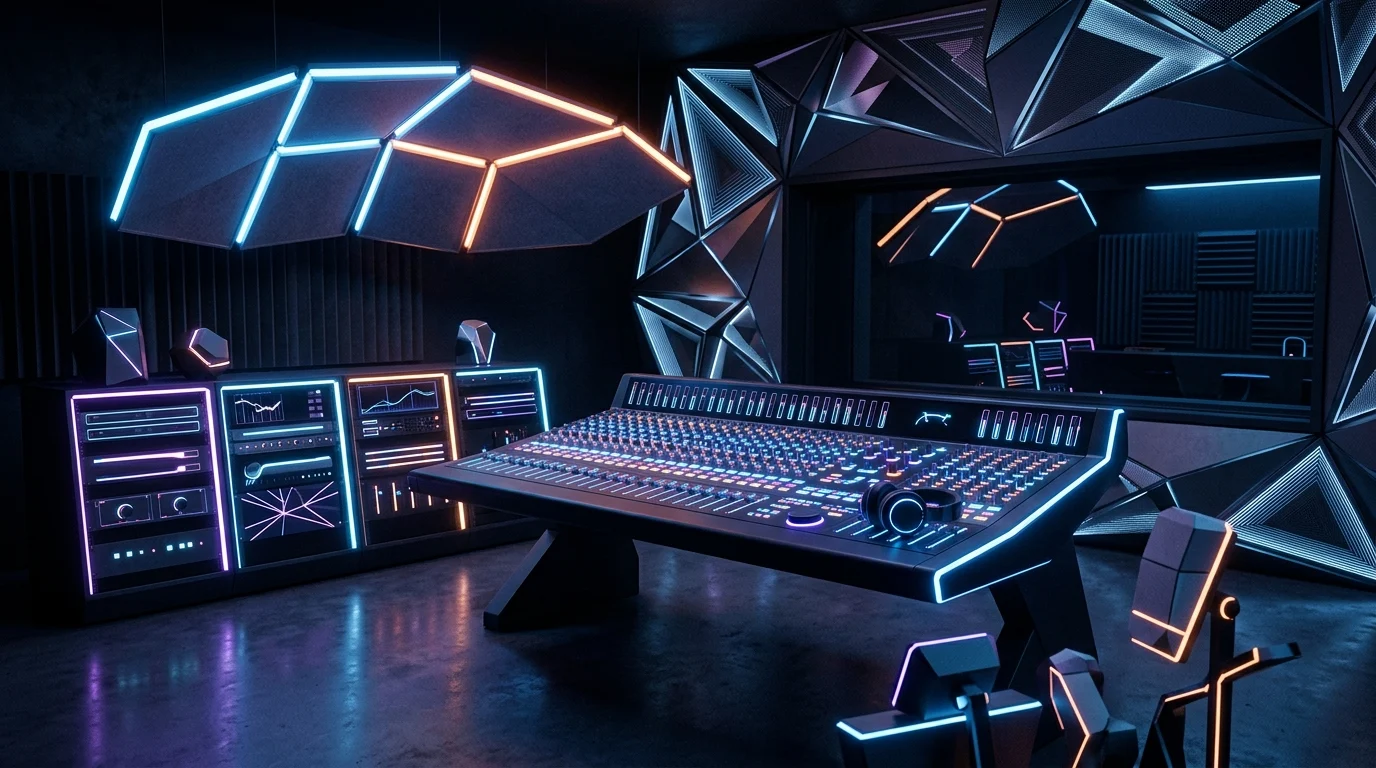 Conceptual depiction of a high-tech recording studio environment.