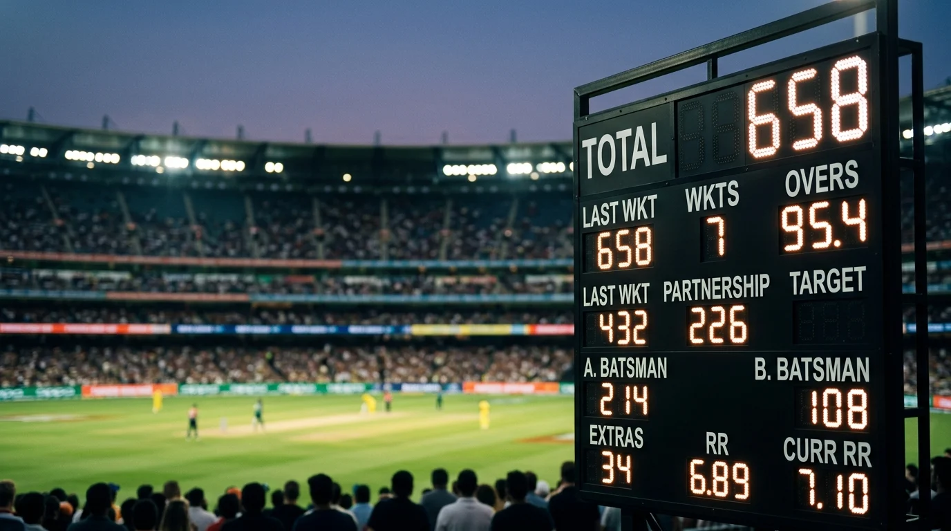 A conceptual scoreboard showing a high score in a cricket match.