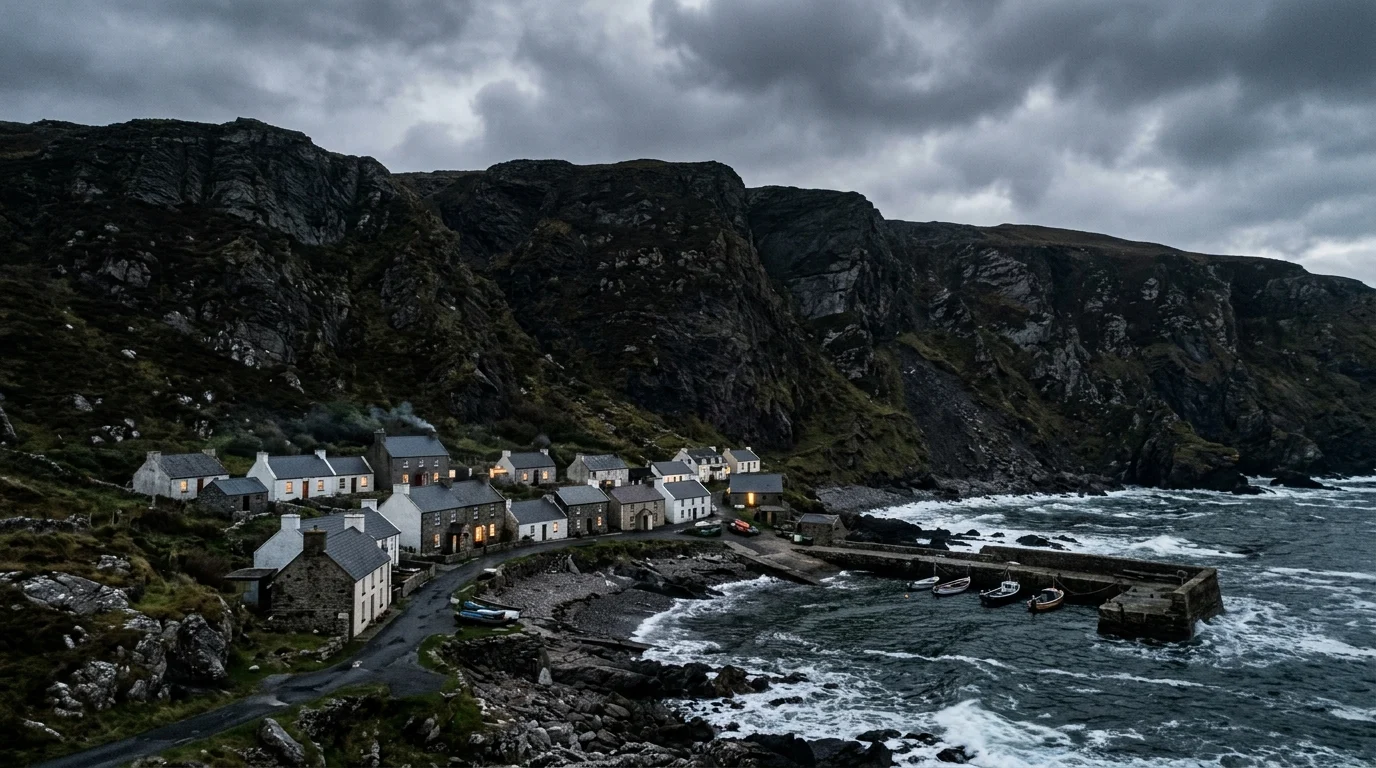 A remote coastal village at the base of a dark cliff.