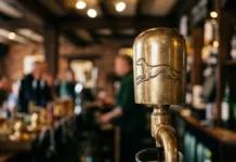 A close-up of a brass pub tap with a greyhound engraving.