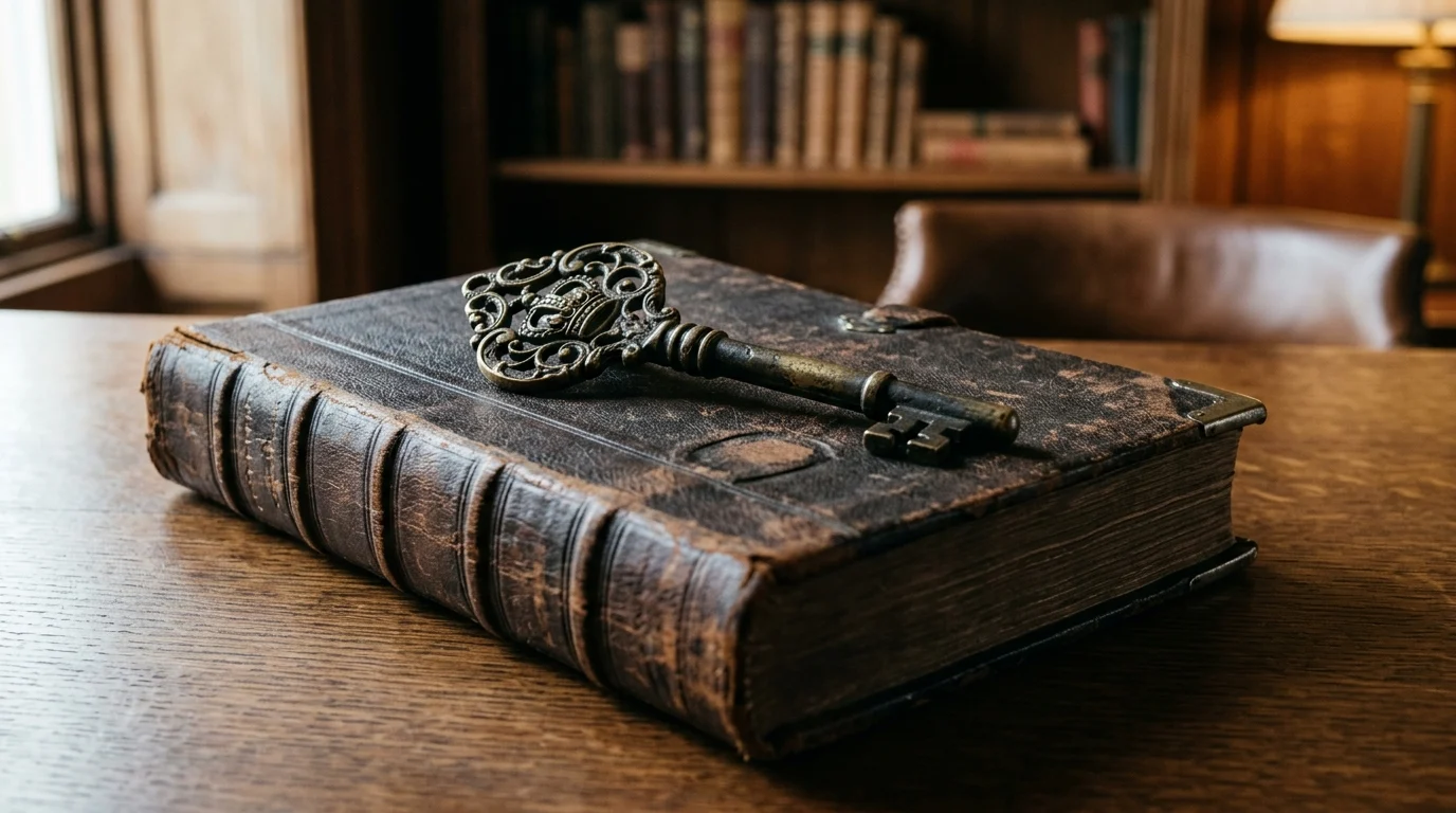 An ornate key lying on a vintage leather ledger.