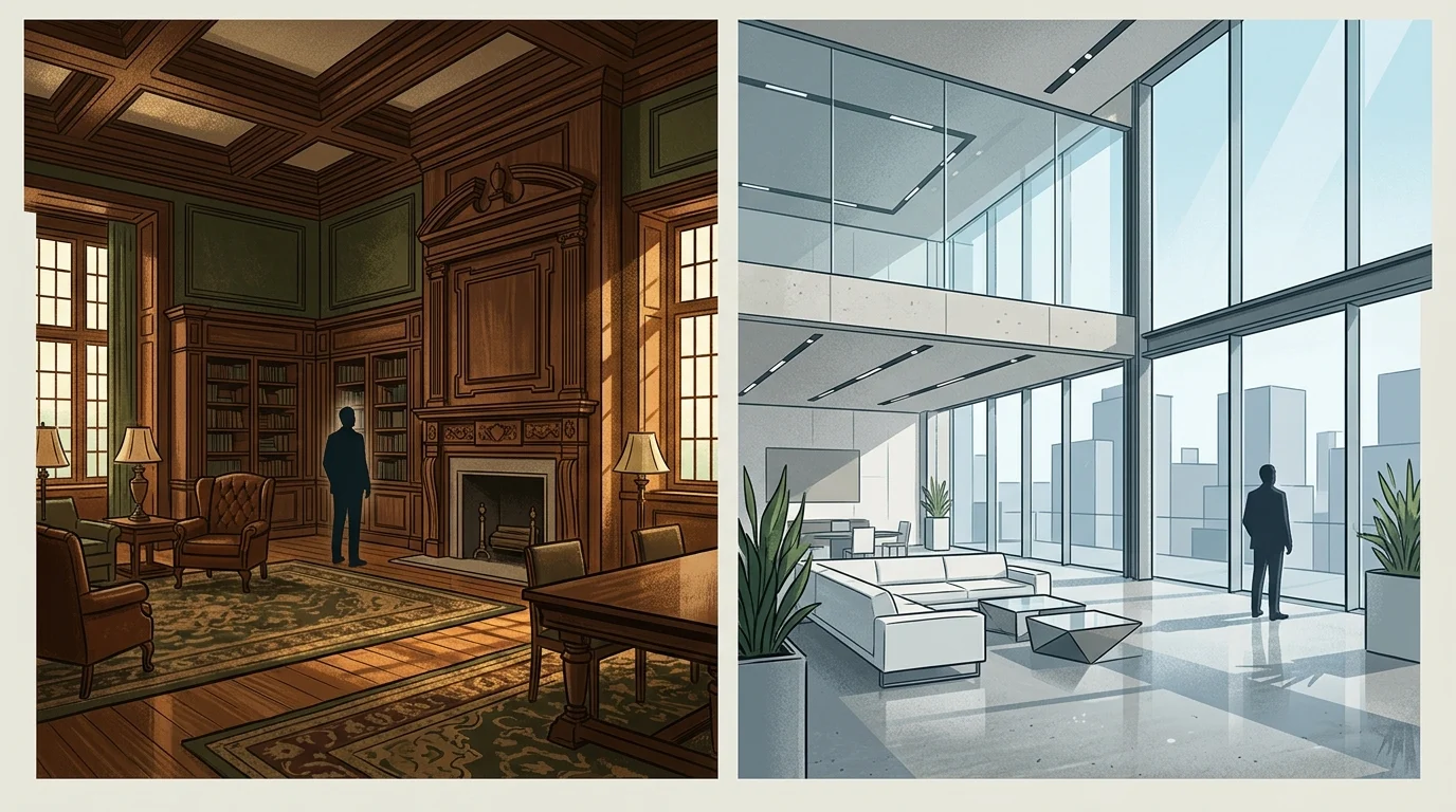 Conceptual illustration representing two different styles of law firm offices.